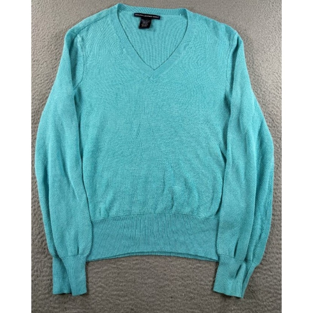 Ralph Lauren Golf Silk Sweater Womens XL Teal V-Neck Knit Pullover Hong Kong VTG